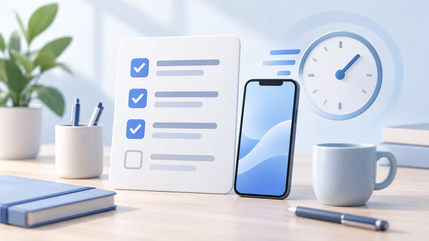 Desk with checklist, smartphone, and clock illustrating a fast qutee.ai setup